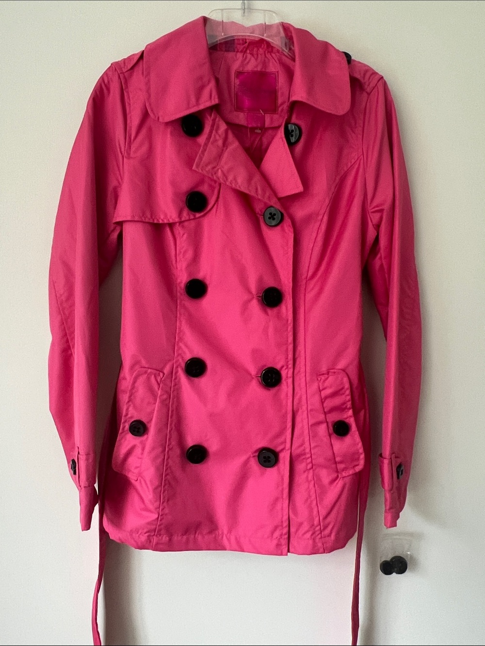Pink Envelope Hot Pink Double-Breasted Trench Coat with Waist Tie